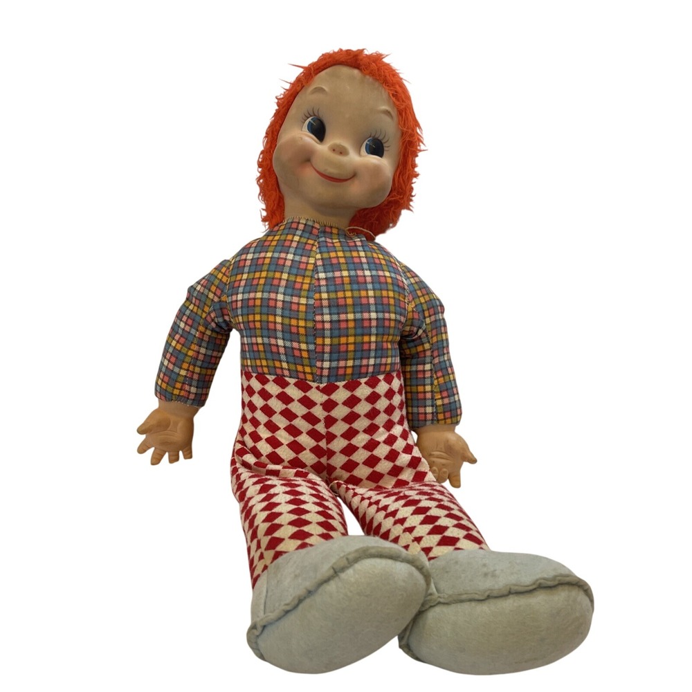 Vintage Large Plush Doll Boy Red Hair Plaid Shirt Red &‎ White Check Pants Rare